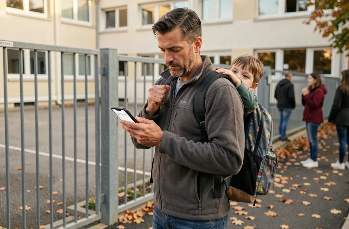 Père récupérant son enfant à l'école et consultant une facture de garde périscolaire sur son téléphone