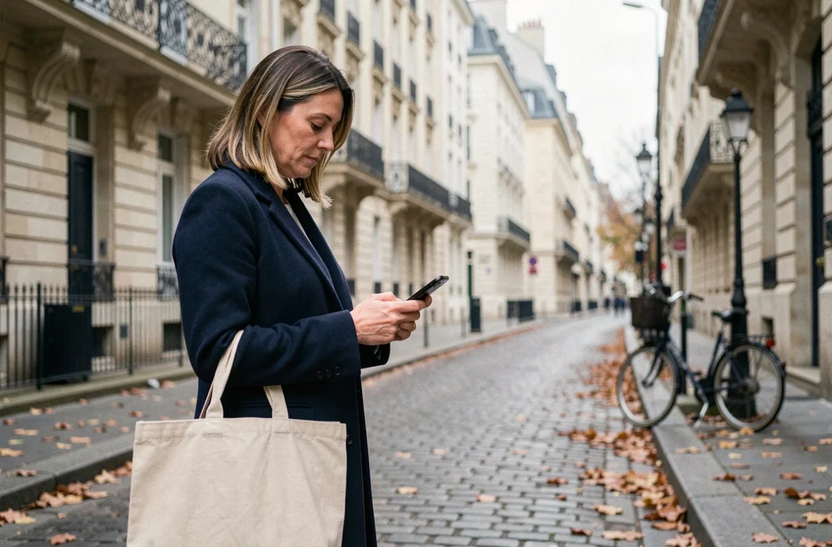 Femme marchant dans une rue parisienne en automne, symbolisant la frontière entre personnalité publique et vie privée