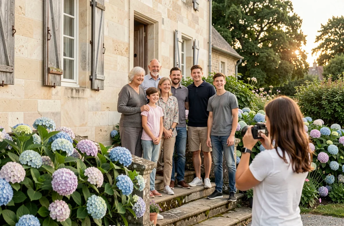 Photographe immortalisant une famille multigénérationnelle devant un manoir normand fleuri près d'Avranches