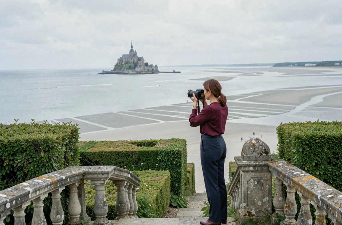 Photographe féminine capturant le panorama de la baie du Mont-Saint-Michel depuis les jardins d'Avranches