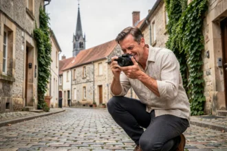 Photographe professionnel en action dans les rues historiques d'Avranches, appareil photo en main devant une église normande