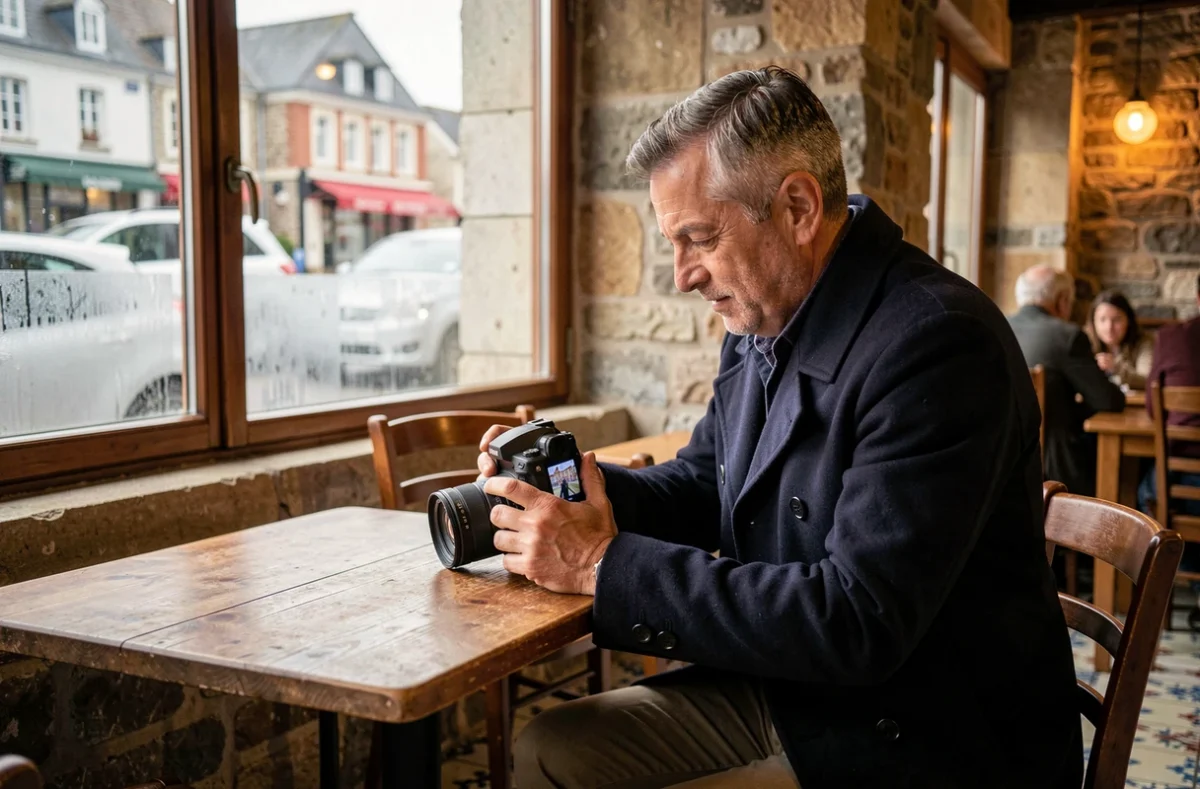 Photographe masculin consultant ses photos dans un café typique du port de Dieppe