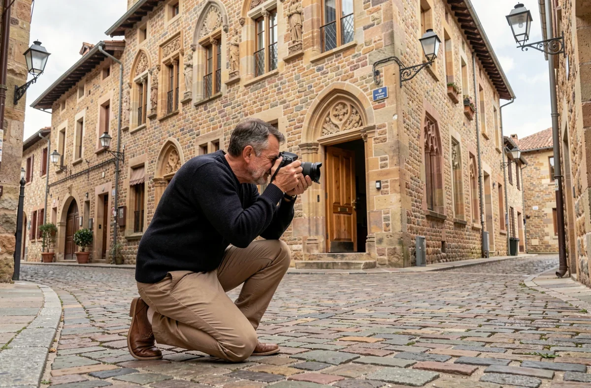 Photographe en extérieur capturant l'architecture historique du centre-ville de Riom en Auvergne