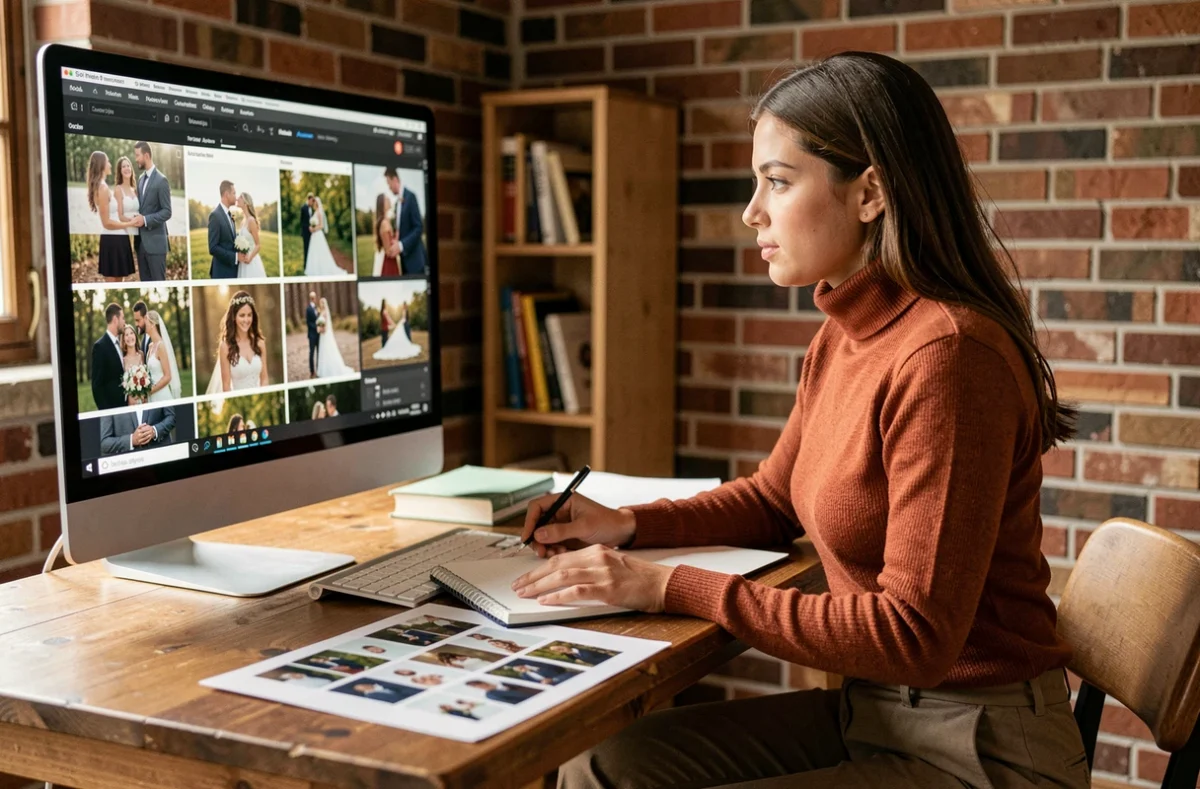 Photographe indépendante en train de sélectionner des photos de mariage sur ordinateur dans son bureau à Riom