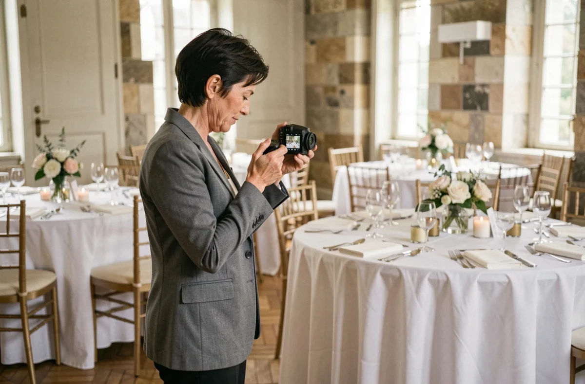 Photographe de mariage consultant ses clichés lors d'une réception dans une salle de fête élégante