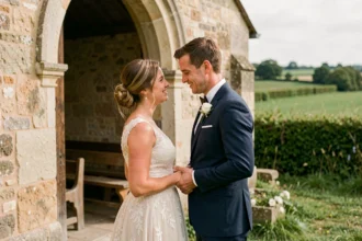 Photographe mariage en Vendée capturant un moment tendre entre les mariés devant une chapelle en pierre du Bocage Vendéen