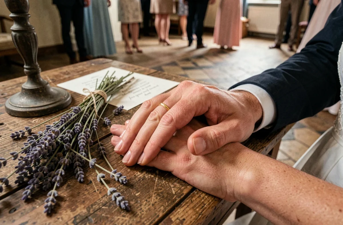 Gros plan sur les mains des mariés avec alliance en or sur une table en bois ancien dans un manoir vendéen, détail émouvant du mariage