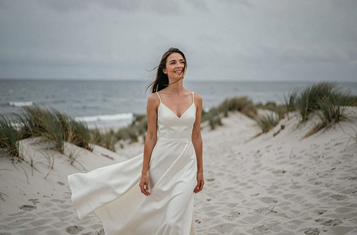 Mariée photographiée seule sur une plage ventée de la côte vendéenne, robe en soie au vent avec un regard introspectif