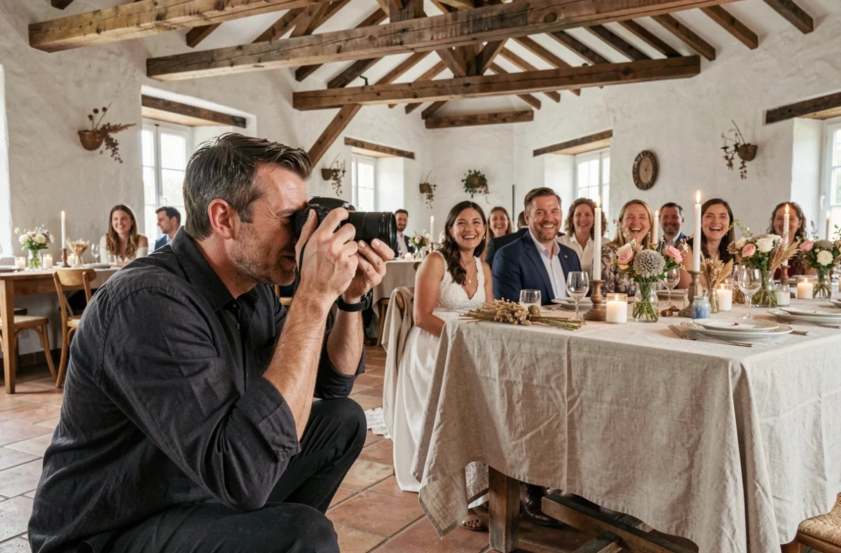 Photographe de mariage en action lors d'une réception dans une ferme rénovée en Vendée, capturant les rires des invités