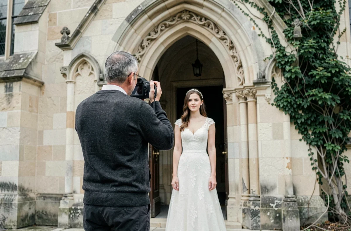 Photographe de mariage cadrant une mariée sous une arche en pierre d'une église à Vesoul
