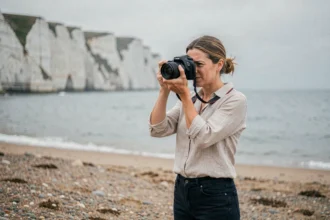 Photographe professionnelle sur la plage de galets de Dieppe avec les falaises de craie en arrière-plan