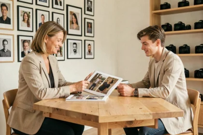 Photographe professionnelle présentant son portfolio à un couple dans un studio photo à Riom, Auvergne