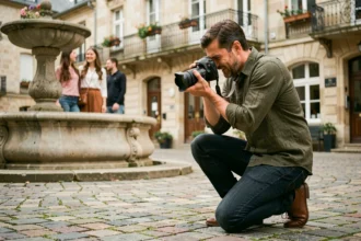 Photographe professionnel en action sur une place en pierre à Vesoul capturant un couple