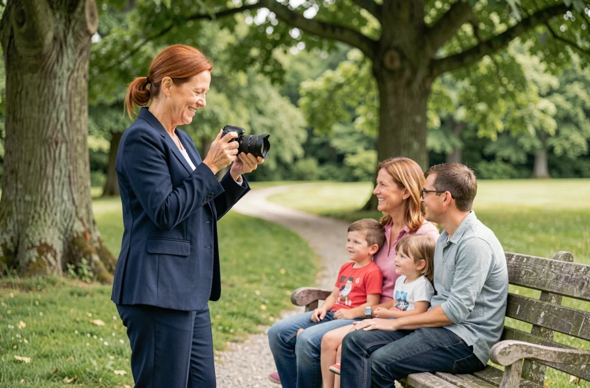 Photographe professionnelle présentant ses photos à une famille dans un parc vert de Vesoul