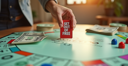 Plateau de Monopoly en plein jour avec carte et pièces colorées