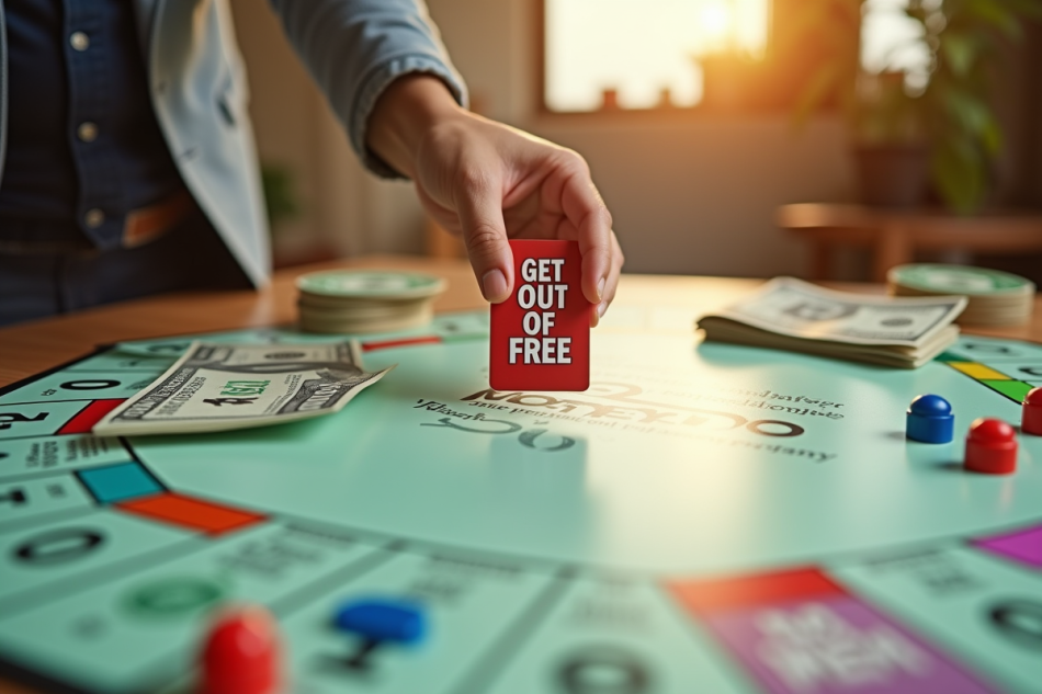 Plateau de Monopoly en plein jour avec carte et pièces colorées