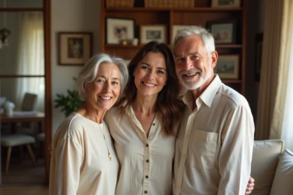 Portrait de famille chaleureuse avec une femme adulte entourée de ses parents dans un salon cosy aux tons boisés