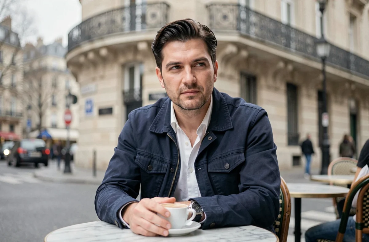 Portrait d'un homme de la famille Haroche attablé en terrasse d'un café parisien dans une ambiance urbaine authentique