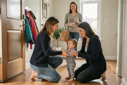 Nounou professionnelle accueillant un enfant en bas âge sur le pas de la porte lors de sa première garde, avec la mère qui sourit en arrière-plan