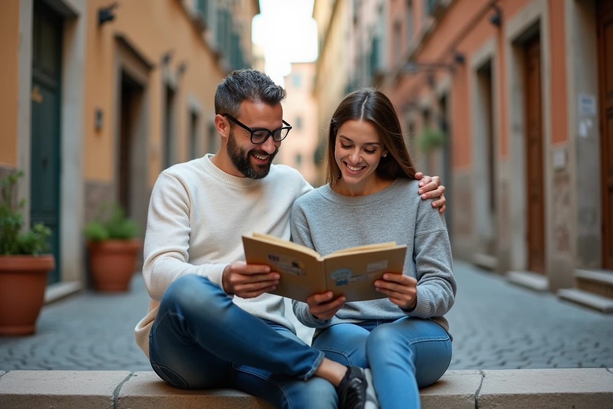 Couple italien consultant un livre de prénoms vintage dans une ruelle pavée de Rome