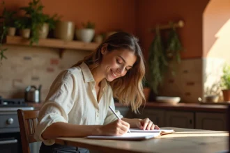 Jeune femme italienne écrivant des prénoms dans un carnet en cuir dans une cuisine toscane traditionnelle
