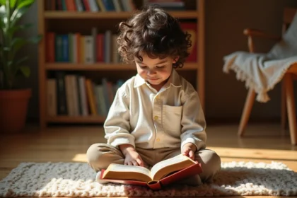 Jeune garçon prénommé Noah feuilletant une Bible illustrée pour enfants dans un salon chaleureux en bois
