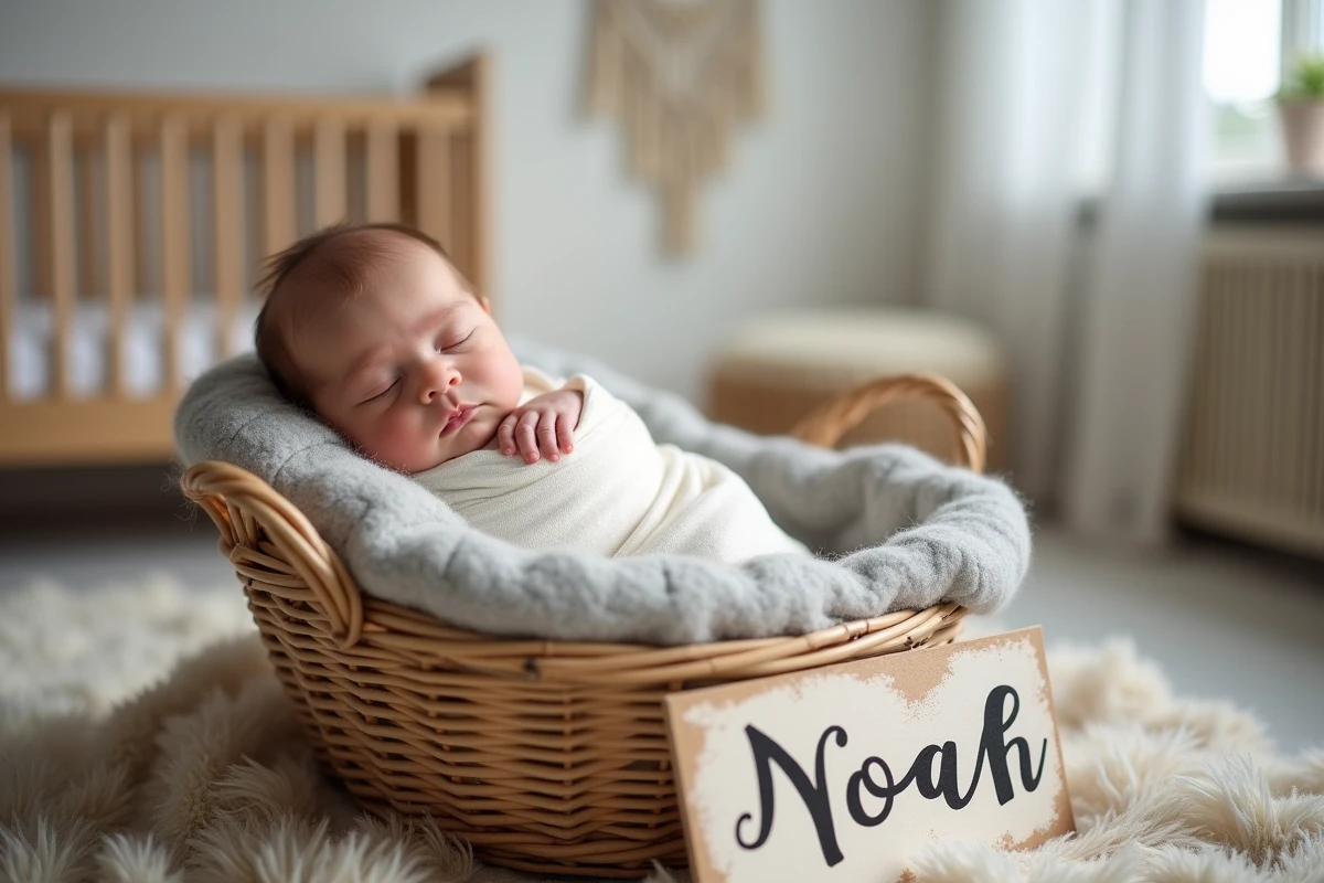 Nouveau-né prénommé Noah endormi dans un panier en osier avec une carte calligraphiée dans une chambre nordique