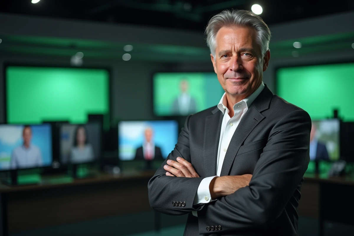 Présentateur de télévision en coulisses d'un studio, illustrant la construction de l'image publique et le traitement médiatique des personnalités