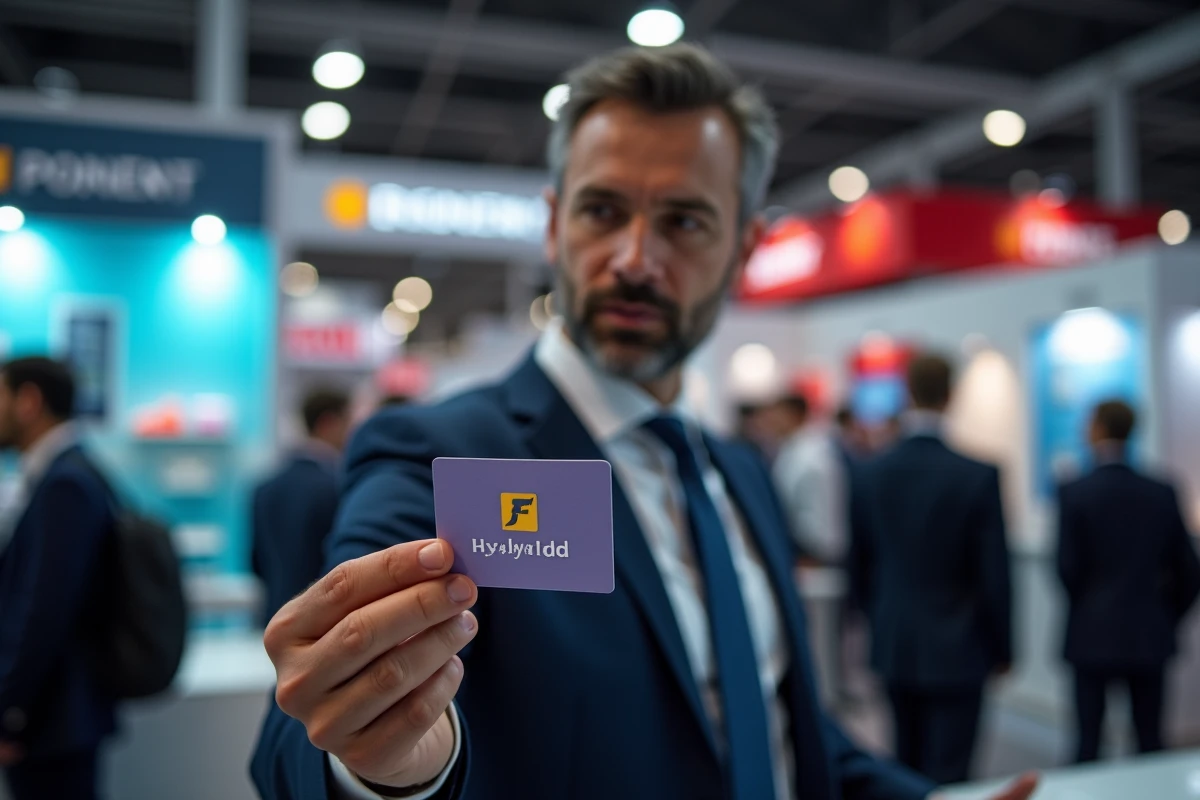 Professionnel tenant un jeu à gratter personnalisé sur un stand de salon commercial