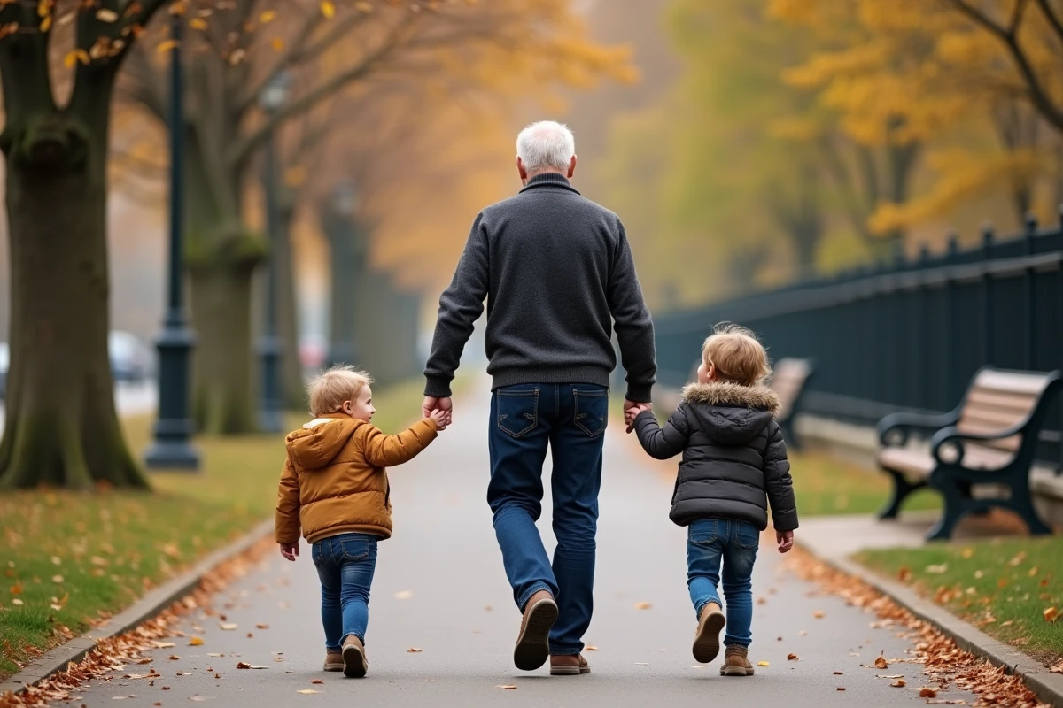 Homme et enfants souriants en promenade dans un parc