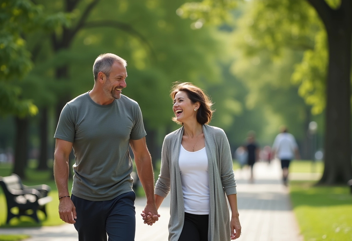Couple marchant dans un parc en partageant un moment de joie