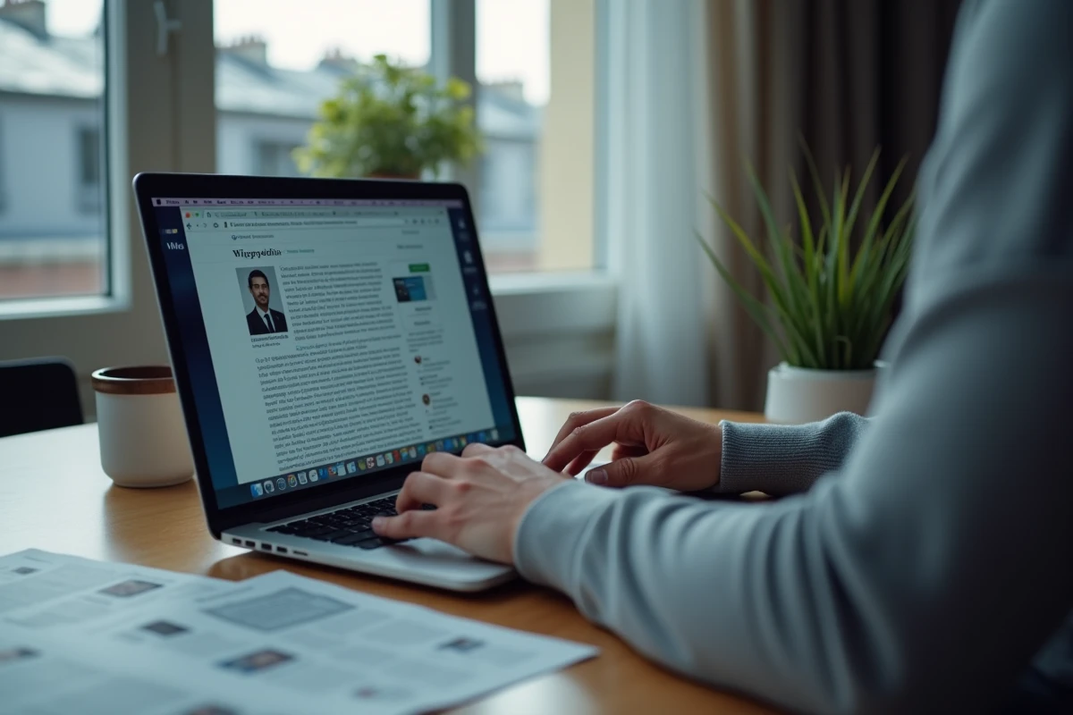 Mains tapant sur un ordinateur portable affichant un article Wikipédia en français avec des coupures de presse sur une table