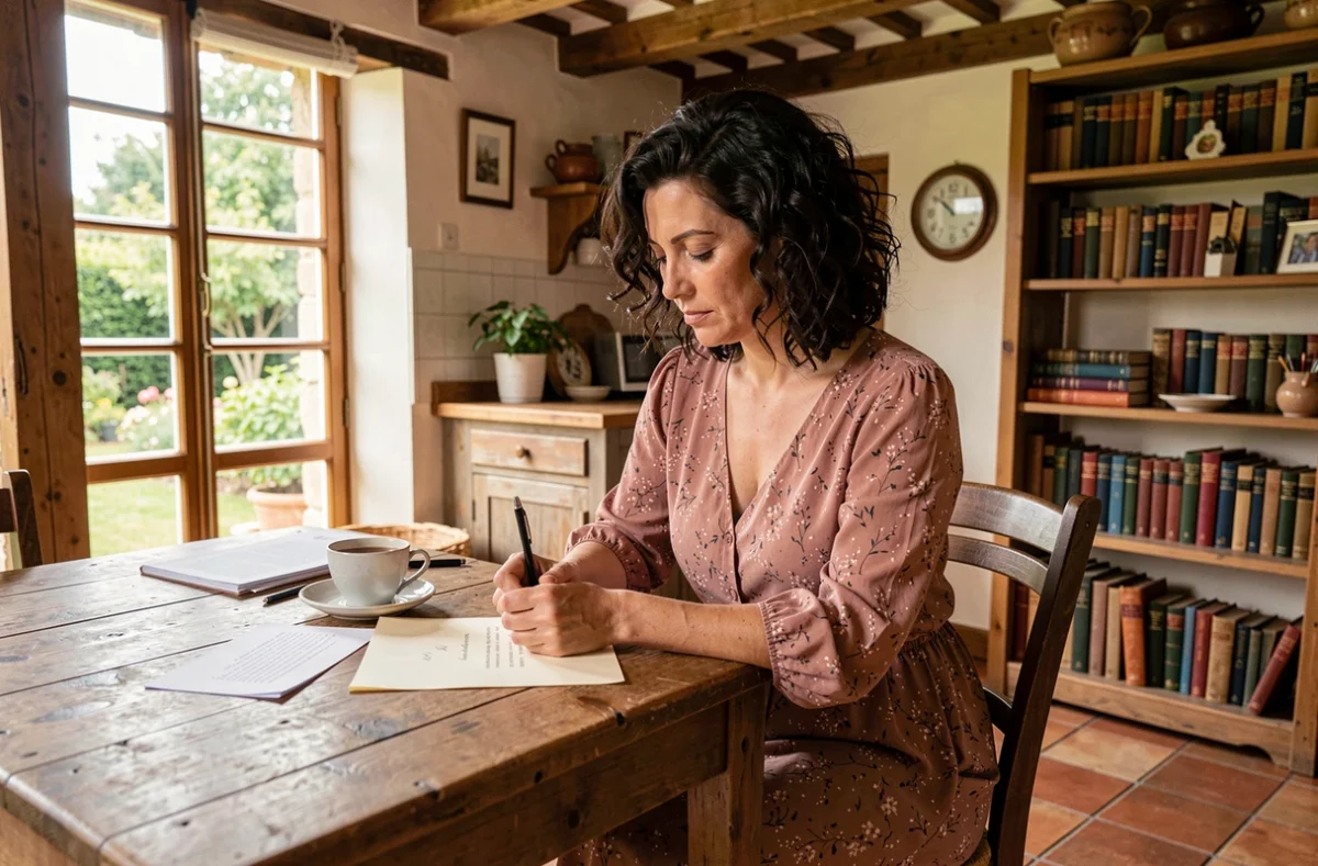 Femme qui rédige son discours de marraine de baptême à la main dans une cuisine rustique à la campagne