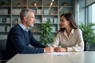 Deux adultes en réunion dans un bureau moderne