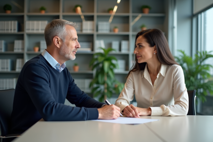 Deux adultes en réunion dans un bureau moderne