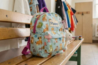Sac à dos maternelle coloré avec étiquette prénom brodée et porte-doudou fixé à la fermeture éclair