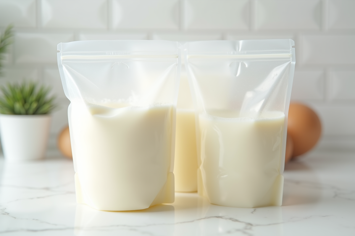 Sacs de lait maternel fraîchement exprimé sur un plan de travail blanc