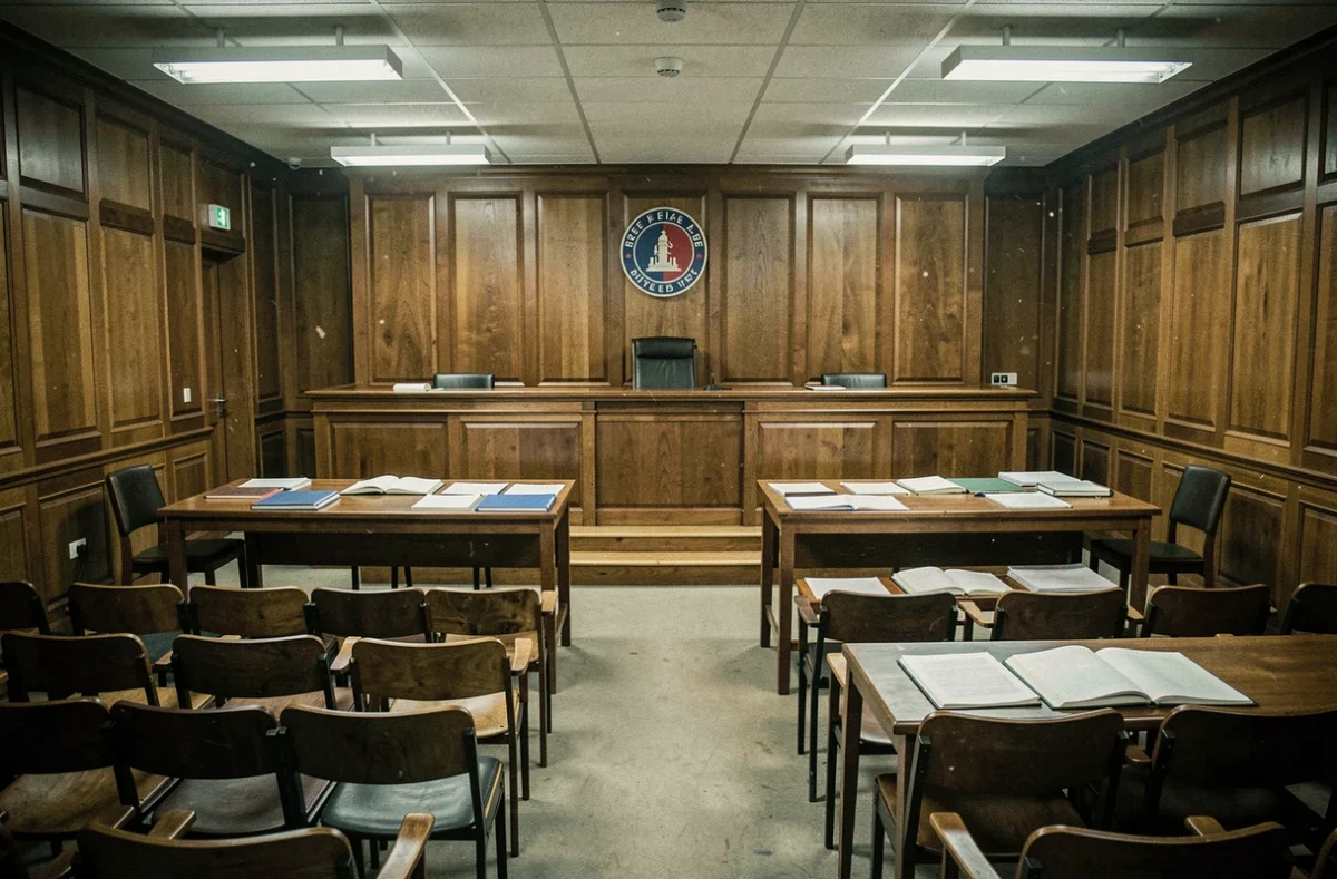 Salle d'audience d'un tribunal de la famille en France avec le bureau du juge aux affaires familiales, évoquant une procédure de pension alimentaire