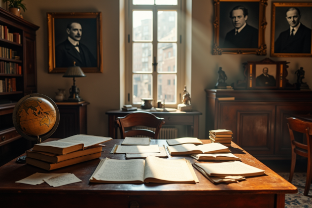 Salle d'étude ancienne avec bureau et portraits d'éducateurs