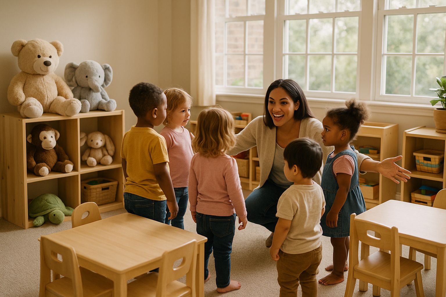 Salle de jeux chaleureuse avec enfants et éducatrice