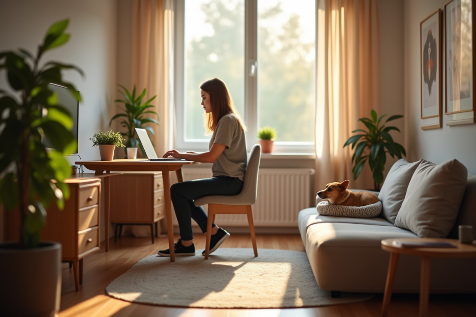 Salon cosy avec personne travaillant sur un laptop et chien au repos
