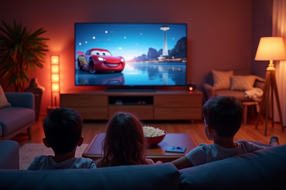 Salon cosy pour une soirée cinéma avec famille et Cars 4