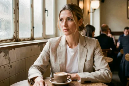 Portrait d'une femme dans un café parisien illustrant le respect de la vie privée des personnalités publiques comme Sara Mortensen