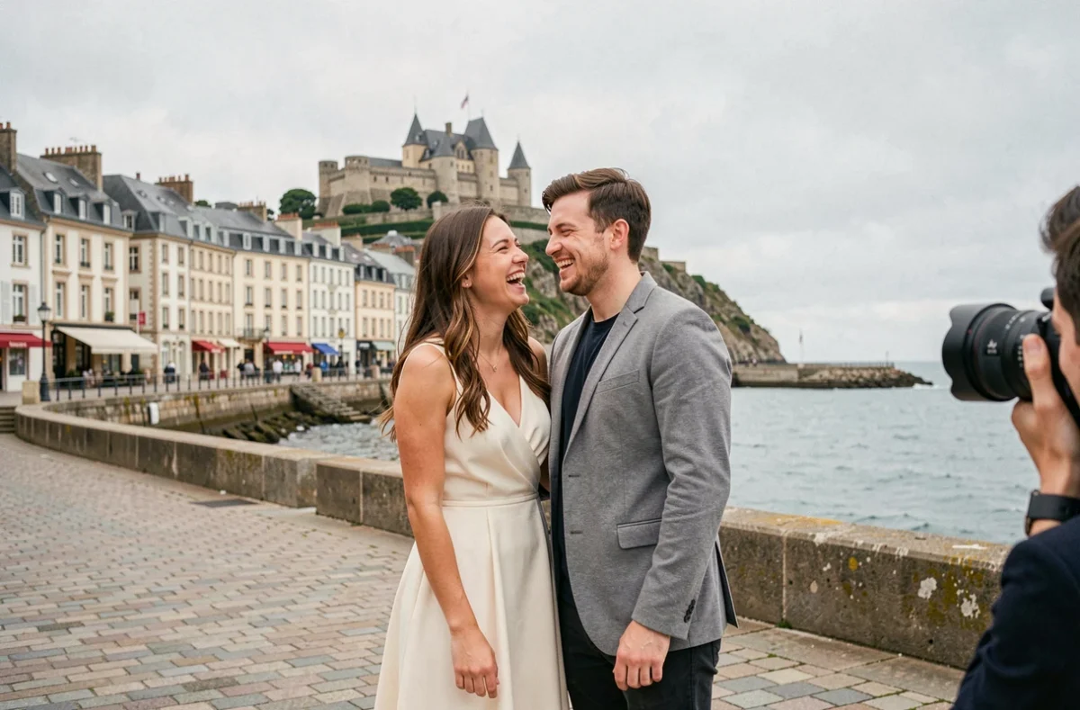 Couple lors d'une séance photo sur le front de mer de Dieppe avec le château normand en arrière-plan