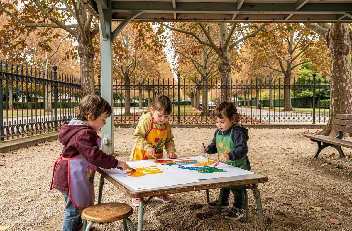 Groupe d'enfants de 3 ans faisant de la peinture au doigt en plein air dans un jardin parisien lors d'une sortie du mercredi