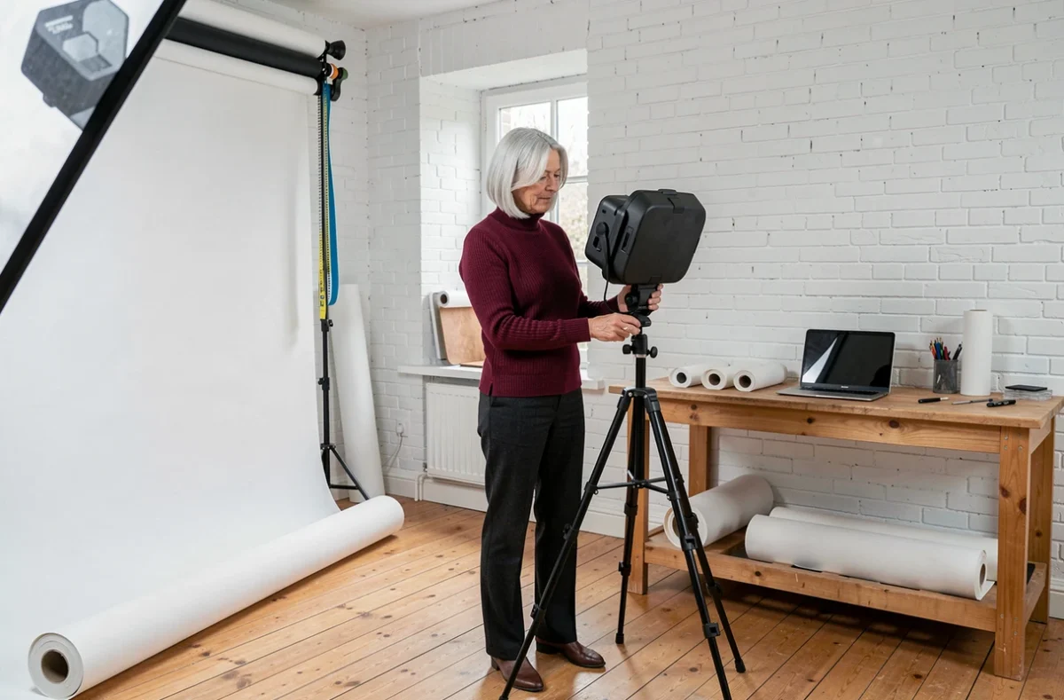 Photographe professionnelle préparant son studio photo à Dieppe avec équipement et décors