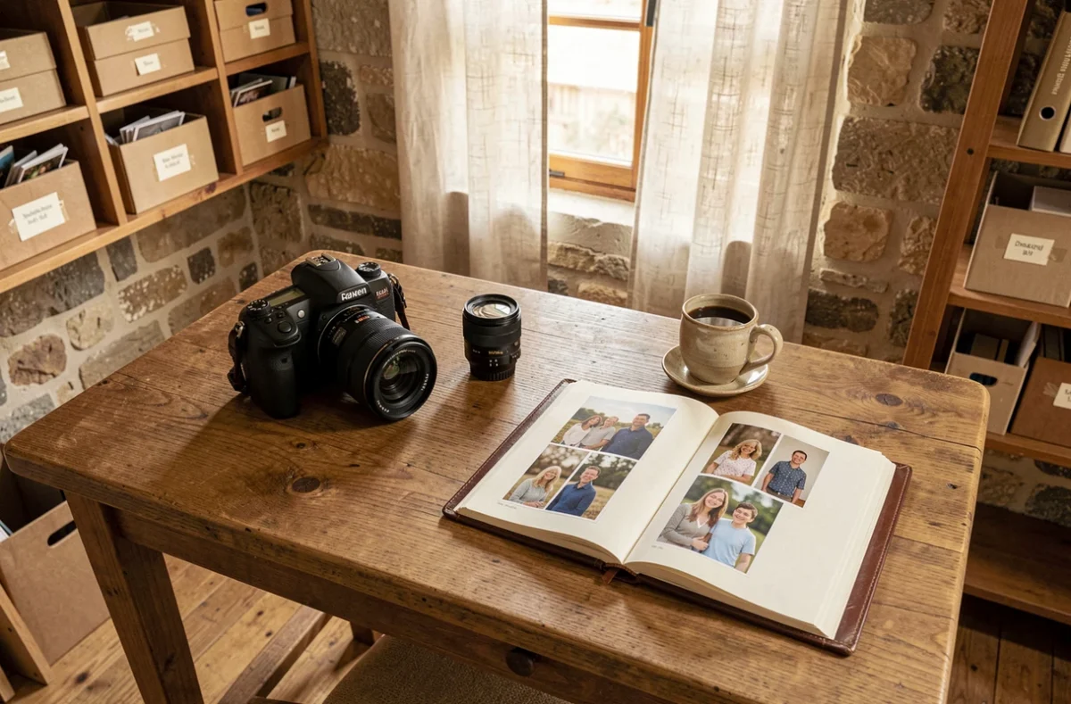 Bureau de photographe professionnel à Vesoul avec appareil photo et album de portraits imprimés