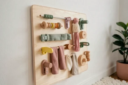 Tableau d'éveil Montessori busy board en bois de bouleau avec éléments tactiles colorés et verrous artisanaux dans une chambre d'enfant scandinave