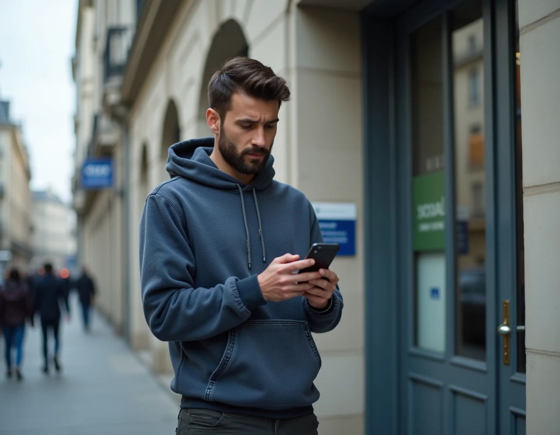Jeune travailleur précaire devant un bureau CAF consultant son téléphone sur les aides 2026