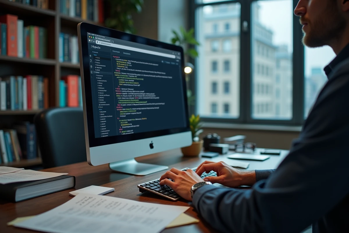 Mains d'un utilisateur tapant sur un clavier pour explorer un site web peu connu sur un bureau professionnel